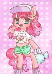 Size: 906x1280 | Tagged: safe, artist:yukutamil, derpibooru import, pinkie pie, alternate hairstyle, bipedal, cap, clothes, cute, diapinkes, donut, food, harajuku, hat, heart, hoof hold, multicolored hair, open mouth, purse, shorts, solo, starry eyes, wingding eyes