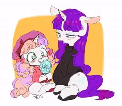 Size: 660x574 | Tagged: safe, artist:29axa, derpibooru import, rarity, sweetie belle, pony, unicorn, abstract background, alternate hairstyle, beatnik rarity, beret, blushing, brush, clothes, cute, diasweetes, duo, female, filly, hairbrush, hat, lidded eyes, mare, mirror, no pupils, open mouth, siblings, sisters, sweater
