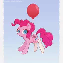 Size: 768x768 | Tagged: safe, artist:yukutamil, derpibooru import, pinkie pie, earth pony, pony, balloon, clothes, colored pupils, cute, diapinkes, female, floating, gradient background, mare, socks, solo, then watch her balloons lift her up to the sky