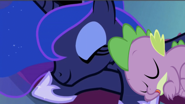 Size: 642x362 | Tagged: alicorn, clothes, cute, daaaaaaaaaaaw, derpibooru import, do princesses dream of magic sheep, dragon, edit, edited screencap, editor:undeadponysoldier, eyes closed, female, hoof pillow, male, mare, open mouth, princess luna, safe, screencap, shipping, sleeping, sleeping together, spike, spikelove, spiluna, stars in mane, straight