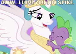 Size: 597x422 | Tagged: safe, derpibooru import, edit, edited screencap, editor:undeadponysoldier, screencap, princess celestia, spike, alicorn, dragon, pony, celestial advice, adorable face, caption, cropped, crown, cute, daaaaaaaaaaaw, female, happy, hug, image macro, jewelry, looking down, male, mare, momlestia, motherly love, open mouth, regalia, shipping, smiling, spikelestia, spikelove, spread wings, straight, text, wings