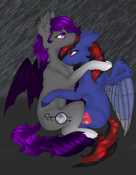 Size: 749x960 | Tagged: safe, artist:lunar sketch, derpibooru import, oc, oc:lunar sketch, oc:mistic spirit, bat pony, pony, amputee, artificial wings, augmented, cybernetic wing, cybernetic wings, hug, prosthetic limb, prosthetic wing, prosthetics, rain, robotic wing, storming, wings