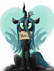 Size: 1080x1425 | Tagged: artist:sadtrooper, bronybait, changeling, changeling queen, crown, cute, cutealis, derpibooru import, eye clipping through hair, female, heart, hug request, hugs?, hugs 4 bugs, jewelry, mouth hold, quadrupedal, queen chrysalis, regalia, safe, signature, sitting, solo