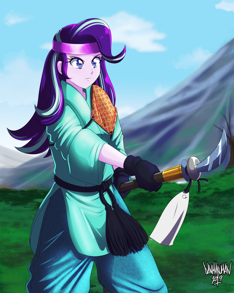 Size: 3200x4000 | Tagged: safe, artist:danmakuman, derpibooru import, starlight glimmer, equestria girls, absurd resolution, clothes, commission, female, headband, martial arts, naginata, outdoors, solo, spear, weapon