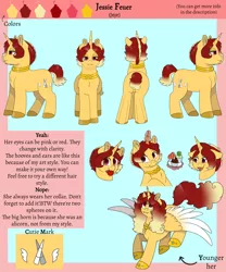 Size: 3406x4088 | Tagged: safe, artist:69beas, derpibooru import, oc, oc:jessie feuer, alicorn, pony, unicorn, alicorn oc, collar, colored hooves, colored wings, cupcake, digital art, fangs, female, food, horn, jewelry, lidded eyes, looking at you, mare, open mouth, reference sheet, regalia, smiling, solo, spread wings, text, tomato, wings