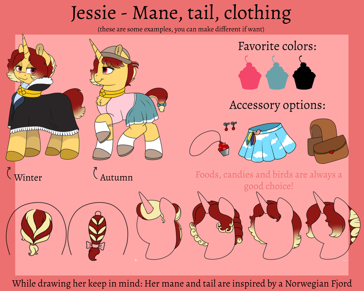 Size: 4088x3270 | Tagged: safe, artist:69beas, derpibooru import, oc, oc:jessie feuer, unofficial characters only, pony, unicorn, accessories, bag, clothes, coat, collar, colored hooves, digital art, ear piercing, earring, female, hairstyle swap, hat, jewelry, lidded eyes, mare, miniskirt, piercing, pleated skirt, raised hoof, reference sheet, saddle bag, shoes, skirt, socks, solo, text