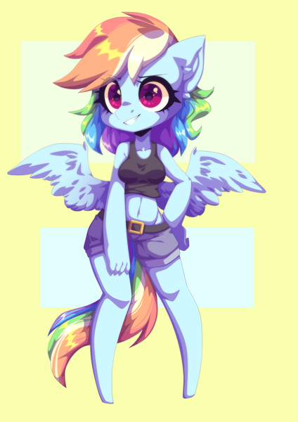 Size: 2893x4092 | Tagged: safe, artist:arachne149, derpibooru import, rainbow dash, anthro, pegasus, unguligrade anthro, belly button, clothes, cute, dashabetes, eye clipping through hair, female, hand on hip, mare, midriff, shorts, smiling, solo, tanktop