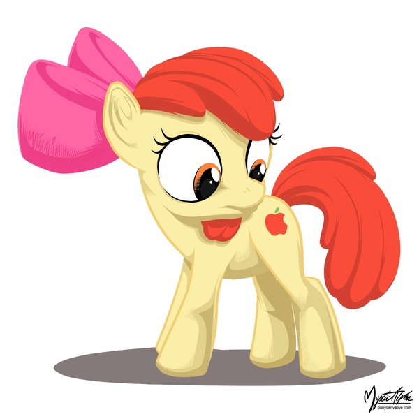 Size: 1250x1250 | Tagged: safe, artist:mysticalpha, derpibooru import, apple bloom, earth pony, pony, apple (company), apple bloom's bow, bow, cutie mark, do not want, female, filly, hair bow, logo, looking back, simple background, solo, white background