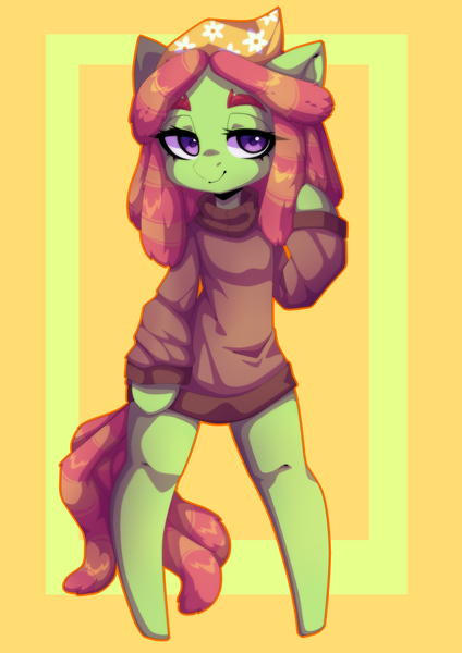 Size: 2893x4092 | Tagged: safe, artist:arachne149, derpibooru import, tree hugger, earth pony, semi-anthro, clothes, cute, female, huggerbetes, mare, solo, sweater, turtleneck