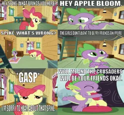 Size: 639x590 | Tagged: artist needed, safe, derpibooru import, edit, edited screencap, editor:undeadponysoldier, screencap, apple bloom, spike, dragon, comic:the start of a new friendship, bow, caption, clubhouse, comforting, comic, crusaders clubhouse, crusadespike, crying, cute, cutie mark, daaaaaaaaaaaw, emotional, eyes closed, female, filly, heartwarming, holding tail, hug, image macro, implied mane six, implied scootaloo, implied sweetie belle, kicked out, ladder, lantern, male, poor spike, sad, scootaspike, screencap comic, shipping, spikebelle, spikebloom, spikelove, straight, table, tail hug, text, the cmc's cutie marks, tree, window, wrong aspect ratio