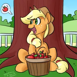 Size: 800x800 | Tagged: safe, artist:goat train, deleted from derpibooru, derpibooru import, applejack, earth pony, pony, apple, basket, commission, cowboy hat, cute, female, food, fruit, hat, jackabetes, mare, open mouth, sitting, solo, stetson, that pony sure does love apples, tree trunk