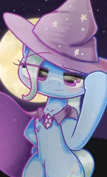 Size: 720x1184 | Tagged: safe, artist:phoenixrk49, derpibooru import, trixie, pony, bipedal, black background, cape, clothes, cute, diatrixes, eye clipping through hair, female, hat, looking at you, mare, moon, simple background, smiling, solo, trixie's cape, trixie's hat