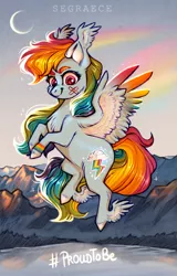 Size: 1280x1994 | Tagged: safe, artist:segraece, derpibooru import, rainbow dash, pegasus, pony, beautiful, bedroom eyes, bracelet, color porn, comparison, crescent moon, draw this again, female, gay pride, gay pride flag, jewelry, lake, lesbian, looking down, male, mare, moon, mountain, pink eyes, pride, pride flag, pride month, redraw, sky, smiling, smirk, solo, wings