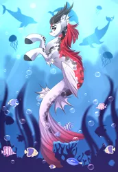 Size: 2077x3024 | Tagged: artist:airiniblock, bubble, commission, crepuscular rays, derpibooru import, dolphin, fish, hippocampus, hybrid, jellyfish, looking at you, male, merpony, oc, oc:yakeishi, rcf community, safe, smiling, stallion, underwater, unofficial characters only