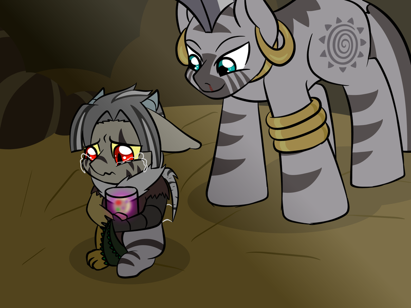 Size: 1600x1200 | Tagged: safe, artist:jolliapplegirl, derpibooru import, zecora, oc, oc:anansi, draconequus, hybrid, pony, zebra, blood, crying, draconequus hybrid, draconequus oc, female, foal, interspecies offspring, jar, male, mare, mother and child, mother and son, next generation, nosebleed, offspring, parent:discord, parent:zecora, parents:zecord, story included