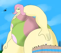 Size: 4400x3800 | Tagged: suggestive, artist:feyzer, derpibooru import, fluttershy, bat pony, human, equestria girls, bbw, breasts, busty fluttershy, city, climbing, clothes, fat, fattershy, female, flutterbat, giantess, helicopter, huge, macro, obese, people, race swap, size difference, ssbbw, swimsuit, tiny head