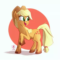 Size: 2048x2048 | Tagged: safe, artist:wildetrashbag, derpibooru import, applejack, earth pony, pony, female, hat, looking back, mare, open mouth, raised hoof, smiling, solo