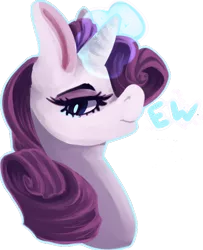 Size: 546x671 | Tagged: safe, artist:voidsucre, derpibooru import, rarity, pony, unicorn, big ears, bust, ew, female, glowing horn, horn, lidded eyes, looking at you, mare, simple background, smiling, solo, text, transparent background