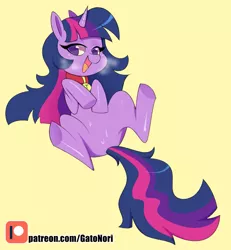 Size: 1111x1200 | Tagged: safe, artist:norithecat, derpibooru import, twilight sparkle, pony, unicorn, bedroom eyes, collar, digital, disheveled, dog collar, drops, female, looking at you, open mouth, patreon, patreon logo, pet tag, pony pet, solo, sweat