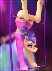 Size: 679x933 | Tagged: safe, artist:copshop, derpibooru import, trapeze star, earth pony, pony, clothes, eyeshadow, female, horseshoes, leotard, makeup, mare, solo, trapeze, underhoof