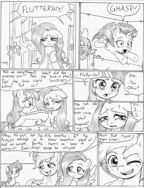 Size: 958x1249 | Tagged: applejack, artist:joelashimself, bed, comic, derpibooru import, door, fluttershy, monochrome, one eye closed, safe, spike, sweat, teary eyes, the forgotten element, twilight sparkle, wink