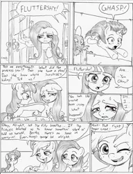 Size: 958x1249 | Tagged: applejack, artist:joelashimself, bed, comic, derpibooru import, door, fluttershy, monochrome, one eye closed, safe, spike, sweat, teary eyes, the forgotten element, twilight sparkle, wink