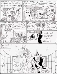 Size: 966x1256 | Tagged: safe, artist:joelashimself, derpibooru import, applejack, fluttershy, pinkie pie, princess celestia, princess luna, rainbow dash, rarity, twilight sparkle, pony, bandage, comic, mane six, monochrome, the forgotten element