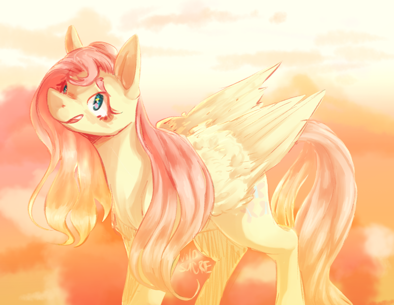 Size: 1280x991 | Tagged: safe, artist:voidsucre, derpibooru import, fluttershy, pegasus, pony, abstract background, female, looking up, mare, open mouth, solo, stray strand