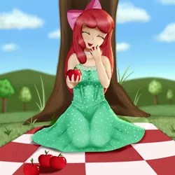Size: 2000x2000 | Tagged: adorabloom, apple, apple bloom, artist:focusb, clothes, cute, derpibooru import, dress, eyes closed, female, food, fruit, human, humanized, open mouth, panty line, picnic, picnic blanket, safe, see-through, solo