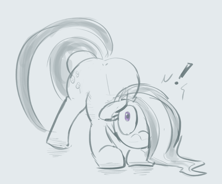 Size: 956x792 | Tagged: safe, artist:comfyplum, derpibooru import, marble pie, earth pony, pony, :s, butt, embarrassed, exclamation point, face down ass up, female, hair over one eye, large butt, mare, partial color, plot, sketch, solo, wavy mouth