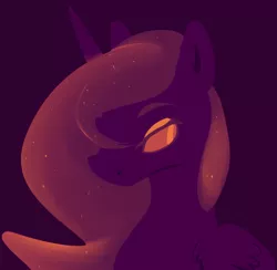 Size: 816x796 | Tagged: safe, artist:voidsucre, derpibooru import, edit, princess luna, alicorn, pony, cropped, ethereal mane, eyeshadow, female, hair over one eye, lidded eyes, limited palette, looking back, makeup, mare, purple background, request, simple background, solo, starry mane