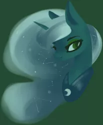 Size: 918x1116 | Tagged: safe, artist:voidsucre, derpibooru import, edit, princess luna, pony, bust, constellation, cropped, ethereal mane, female, green background, limited palette, looking at you, mare, missing accessory, peytral, request, simple background, solo, starry mane