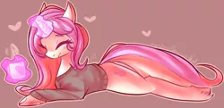 Size: 1280x617 | Tagged: safe, artist:voidsucre, derpibooru import, oc, oc:sugar swirl, unofficial characters only, pony, unicorn, blushing, brown background, clothes, eyes closed, female, glowing horn, heart, horn, magic, mare, mug, prone, simple background, smiling, solo, sweater, telekinesis