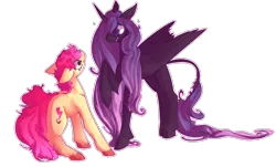 Size: 1280x772 | Tagged: safe, artist:voidsucre, derpibooru import, oc, oc:lightning hopper, unnamed oc, unofficial characters only, alicorn, earth pony, pony, alicorn oc, cloven hooves, duo, female, floppy ears, horn, leonine tail, long hair, looking at each other, mare, nervous, not apple bloom, raised hoof, scared, simple background, transparent background, wavy mouth, wings
