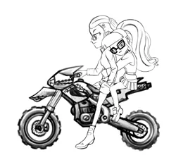 Size: 856x752 | Tagged: safe, artist:dadss_rootbeer, derpibooru import, sugarcoat, twilight sparkle, equestria girls, friendship games, alternate costumes, clothes, crystal prep academy uniform, cuddling, female, grayscale, hug, hug from behind, lesbian, looking at you, monochrome, motorcycle, school uniform, shipping, shorts, simple background, sugartwi, white background