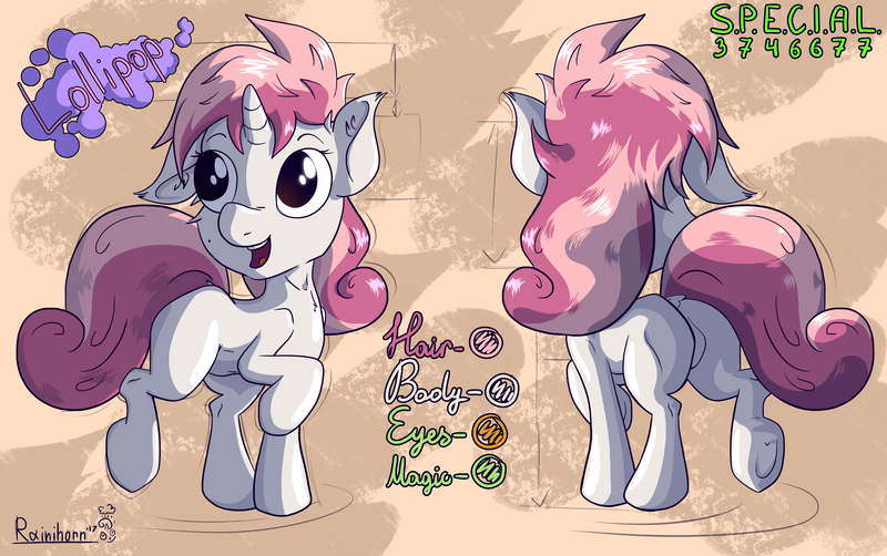 Size: 5602x3518 | Tagged: safe, artist:rainihorn, derpibooru import, oc, oc:lollipop, pony, unicorn, colt, femboy, foal, male, offspring, parent:button mash, parent:sweetie belle, parents:sweetiemash, reference, s.p.e.c.i.a.l., solo, text