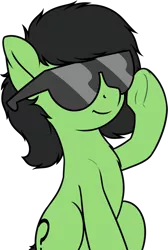 Size: 1494x2219 | Tagged: safe, artist:smoldix, derpibooru import, oc, oc:anonfilly, unofficial characters only, pony, female, filly, glasses, image, png, raised hoof, simple background, sitting, smiling, solo, sunglasses, transparent background, underhoof