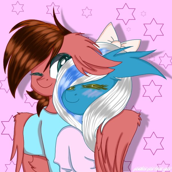 Size: 768x768 | Tagged: abstract background, alicorn, alicorn oc, anthro, artist:pinkiepiloveyou, blushing, bow, clothes, derpibooru import, eyes closed, female, fleurwing, hair bow, horn, hug, male, mare, oc, oc:crimsonwing, oc:fleurbelle, oc x oc, one eye closed, pegasus, ribbon, safe, shipping, stars, straight, unofficial characters only, winghug, wings