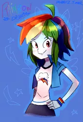 Size: 717x1053 | Tagged: safe, artist:manic-the-lad, derpibooru import, rainbow dash, equestria girls, a dash of everything, alternate hairstyle, lightning, short hair rainbow dash, solo, stars