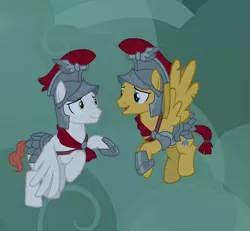 Size: 611x564 | Tagged: safe, derpibooru import, screencap, albus, flash magnus, pegasus, pony, campfire tales, armor, cropped, duo, flying, helmet, hoof shoes, male, smiling, stallion, wings