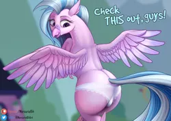 Size: 2600x1842 | Tagged: artist:mercurial64, beak, butt, classical hippogriff, clothes, derpibooru import, dialogue, dock, female, flying, frilly underwear, hippogriff, lace, looking back, panties, patreon, patreon logo, plot, quadrupedal, rear view, silverstream, solo, solo female, streambutt, stupid sexy silverstream, suggestive, underwear, white underwear, wings