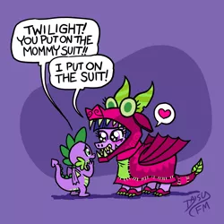 Size: 1280x1280 | Tagged: safe, artist:coyotecoyote, derpibooru import, spike, twilight sparkle, twilight sparkle (alicorn), alicorn, dragon, pony, uncommon bond, blushing, clothes, costume, cute, dialogue, dragon costume, eye contact, female, grin, happy, heart, looking at each other, male, mama twilight, open mouth, pictogram, purple background, simple background, smiling, speech bubble, spikabetes, squee, starry eyes, tail, twiabetes, wingding eyes, winged spike