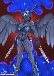 Size: 2480x3508 | Tagged: alicorn, anthro, armor, artist:empressbridle, big breasts, breasts, busty nightmare moon, derpibooru import, female, nightmare moon, solo, solo female, suggestive, sword, unconvincing armor, weapon, wings