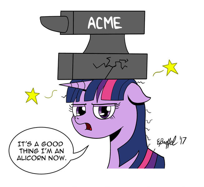 Size: 1024x941 | Tagged: safe, artist:cartoon-eric, derpibooru import, twilight sparkle, twilight sparkle (alicorn), alicorn, pony, abuse, acme, anvil, cartoon violence, cracked, pain star, simple background, solo, speech bubble, stars, twilight is not amused, twilybuse, unamused, white background