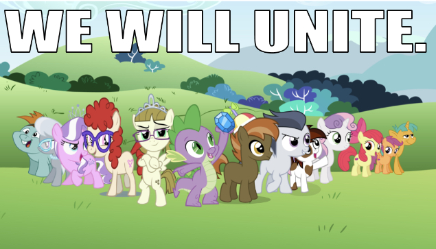 Size: 635x363 | Tagged: safe, derpibooru import, edit, edited screencap, editor:undeadponysoldier, screencap, apple bloom, button mash, diamond tiara, pipsqueak, rumble, scootaloo, silver spoon, snails, snips, spike, sweetie belle, twist, zippoorwhill, dragon, earth pony, pegasus, pony, unicorn, beanie, bush, button's hat, caption, children, colt, confidence, crossed arms, cutie mark, cutie mark crusaders, exploitable meme, female, field, filly, foal, glasses, hat, image macro, jewelry, make it happen, male, meme, mountain, necklace, pearl necklace, raised hand, raised hoof, sapphire, text, the cmc's cutie marks, they grow up so fast, tiara, unite