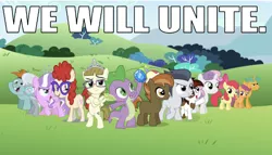 Size: 635x363 | Tagged: safe, derpibooru import, edit, edited screencap, editor:undeadponysoldier, screencap, apple bloom, button mash, diamond tiara, pipsqueak, rumble, scootaloo, silver spoon, snails, snips, spike, sweetie belle, twist, zippoorwhill, dragon, earth pony, pegasus, pony, unicorn, beanie, bush, button's hat, caption, children, colt, confidence, crossed arms, cutie mark, cutie mark crusaders, exploitable meme, female, field, filly, foal, glasses, hat, image macro, jewelry, make it happen, male, meme, mountain, necklace, pearl necklace, raised hand, raised hoof, sapphire, text, the cmc's cutie marks, they grow up so fast, tiara, unite