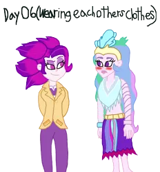 Size: 1636x1763 | Tagged: safe, artist:ktd1993, derpibooru import, princess celestia, queen novo, equestria girls, my little pony: the movie, blushing, clothes swap, equestria girls-ified, female, lesbian, novolestia, principal celestia, shipping