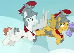 Size: 877x628 | Tagged: safe, derpibooru import, screencap, albus, flash magnus, iron eagle, pegasus, pony, campfire tales, armor, cropped, flying, helmet, hoof shoes, hooves, male, smiling, stallion, wing hands, wings