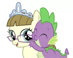 Size: 690x552 | Tagged: safe, derpibooru import, edit, editor:undeadponysoldier, spike, zippoorwhill, dragon, pegasus, pony, adorable face, baby, baby dragon, crack shipping, cute, daaaaaaaaaaaw, eyes closed, female, filly, foal, glasses, happy, hug, hug from behind, interspecies, jewelry, male, open mouth, shipping, simple background, smiling, spikoorwhill, straight, tiara, white background, zippoorbetes