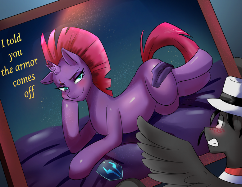 Size: 800x616 | Tagged: safe, artist:tzc, derpibooru import, tempest shadow, oc, oc:blackbird, pegasus, pony, unicorn, my little pony: the movie, bedroom eyes, blushing, broken horn, bust, clothes, commission, eye scar, female, hat, horn, male, portrait, scar, spread wings, top hat, wingboner, wings